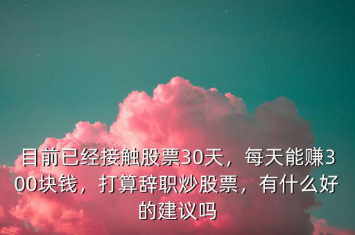 目前已經(jīng)接觸股票30天，每天能賺300塊錢，打算辭職炒股票，有什么好的建議嗎