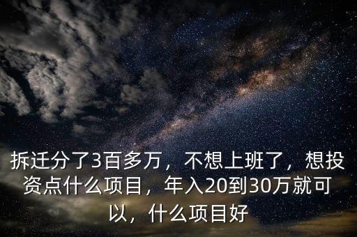 拆遷分了3百多萬，不想上班了，想投資點什么項目，年入20到30萬就可以，什么項目好
