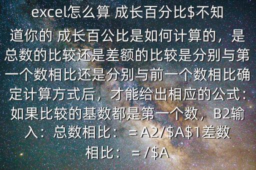 excel怎么算 成長百分比$不知道你的 成長百公比是如何計算的，是總數(shù)的比較還是差額的比較是分別與第一個數(shù)相比還是分別與前一個數(shù)相比確定計算方式后，才能給出相應(yīng)的公式：如果比較的基數(shù)都是第一個數(shù)，B2輸入：總數(shù)相比：＝A2/$A$1差數(shù)相比：＝/$A