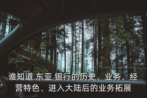 誰(shuí)知道 東亞 銀行的歷史、業(yè)務(wù)、經(jīng)營(yíng)特色、進(jìn)入大陸后的業(yè)務(wù)拓展