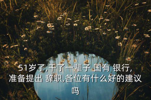 51歲了,干了一輩子 國(guó)有 銀行,準(zhǔn)備提出 辭職,各位有什么好的建議嗎