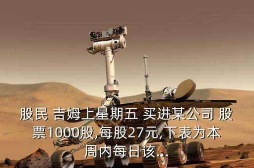 股民 吉姆上星期五 買進某公司 股票1000股,每股27元,下表為本周內每日該...